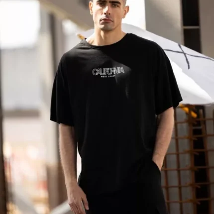 Unisex Bisiklet Yaka Baskılı Oversize TShirt Siyah