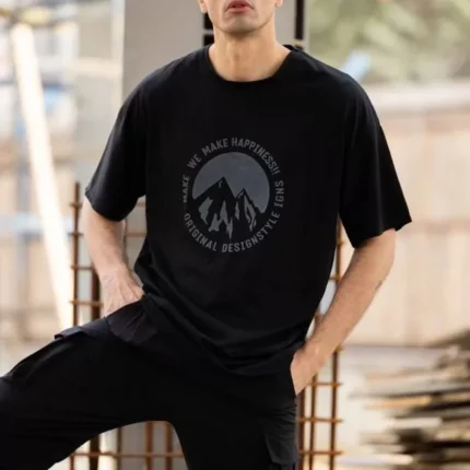Unisex Bisiklet Yaka Baskılı Oversize TShirt Siyah