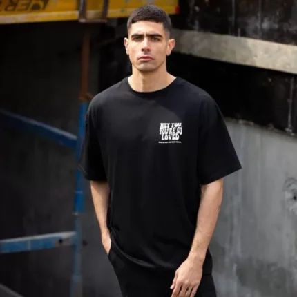 Unisex Bisiklet Yaka Baskılı Oversize TShirt Siyah