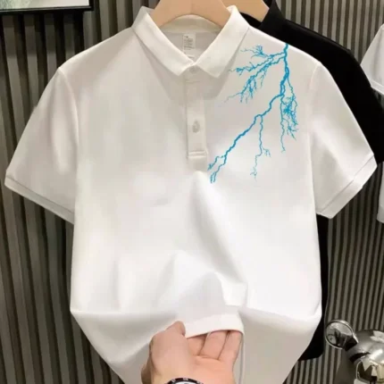 Unisex Yakası Düğmeli Oversize Baskılı TShirt Beyaz