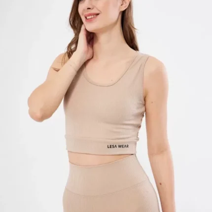 Fitilli Baskılı Crop Bej