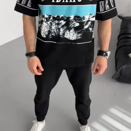 Unisex Baskılı Yarım Fermuarlı TShirt Siyah