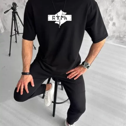 Unisex Bisiklet Yaka Baskılı Double Oversize TShirt Siyah