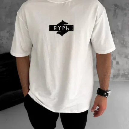 Unisex Bisiklet Yaka Baskılı Double Oversize TShirt Beyaz