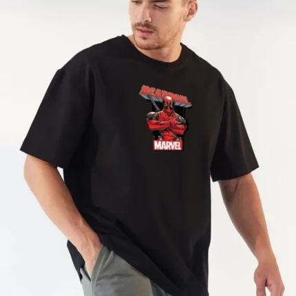 Unisex Bisiklet Yaka Baskılı Oversize TShirt Siyah