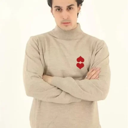 Unisex Yarım Boğazlı Baskılı Dokuma Triko Bej