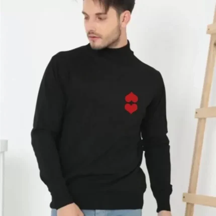 Unisex Yarım Boğazlı Baskılı Dokuma Triko Siyah