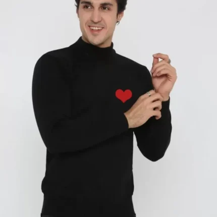 Unisex Yarım Boğazlı Baskılı Dokuma Triko Siyah