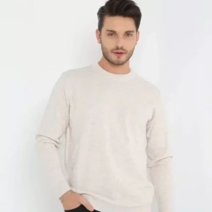 Unisex Uzun Kol Biskilet Yaka Dokuma Triko Bej