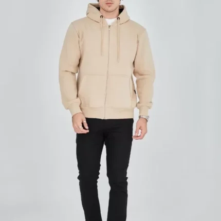 Unisex Tam Fermuarlı Kapşonlu  SweatShirt Bej