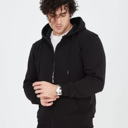 Unisex Tam Fermuarlı Kapşonlu SweatShirt Siyah