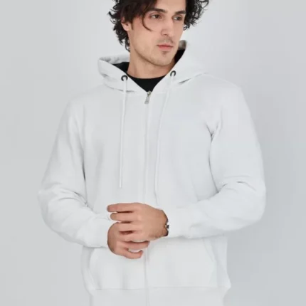 Unisex Tam Fermuarlı Kapşonlu SweatShirt Beyaz