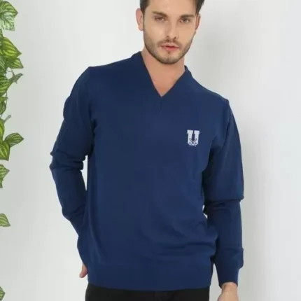 Baskılı V Yaka Uzun Kol Dokuma Triko Indigo