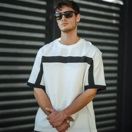 Unisex Yandan Fermuarlı Parçalı TShirt Beyaz