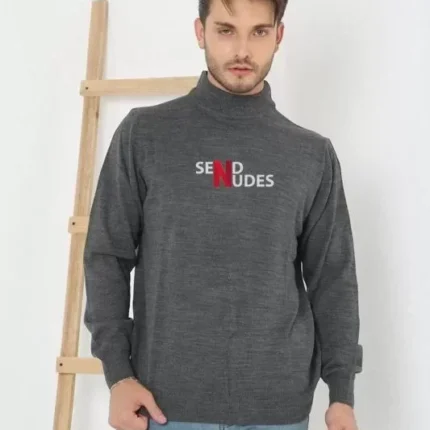 Unisex Yarım Boğazlı Baskılı Dokuma Triko Füme