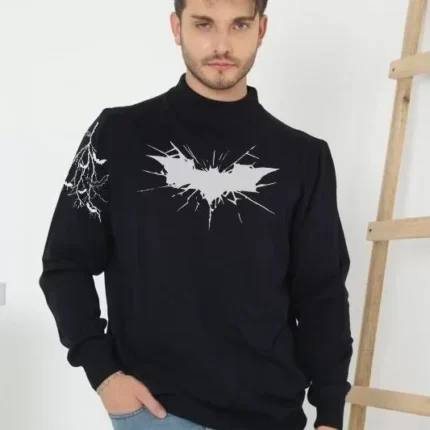 Unisex Yarım Boğazlı Baskılı Dokuma Triko Siyah