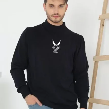 Unisex Yarım Boğazlı Baskılı Dokuma Triko Siyah