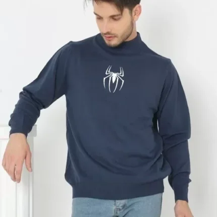 Baskılı Yarım Boğazlı Uzun Kol Dokuma Triko Indigo