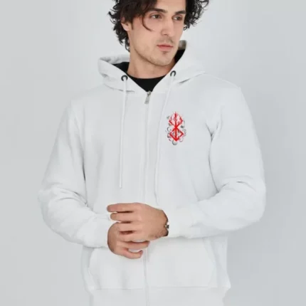 Unisex Baskılı Tam Fermuarlı Kapşonlu SweatShirt Beyaz