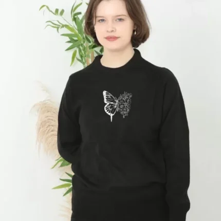 Unisex Bisiklet Yaka Baskılı Dokuma Triko Siyah