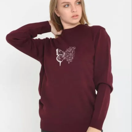 Unisex Bisiklet Yaka Baskılı Dokuma Triko Bordo