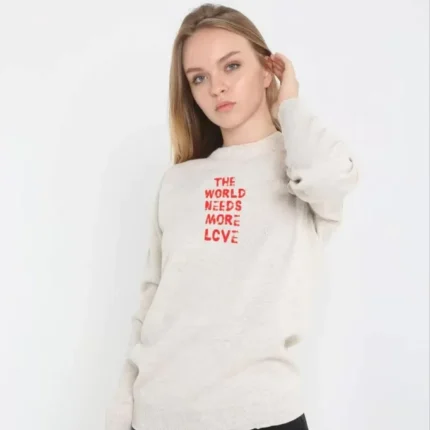 Unisex Bisiklet Yaka Baskılı Dokuma Triko Bej
