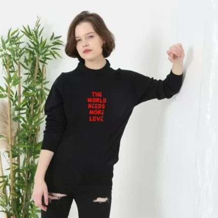 Unisex Bisiklet Yaka Baskılı Dokuma Triko Siyah