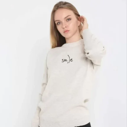 Unisex Bisiklet Yaka Baskılı Dokuma Triko Bej