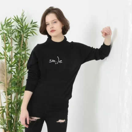 Unisex Bisiklet Yaka Baskılı Dokuma Triko Siyah