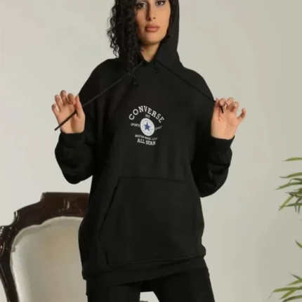 Unisex Kapüşonlu Üç İplik Oversize Baskılı Sweatshirt Siyah