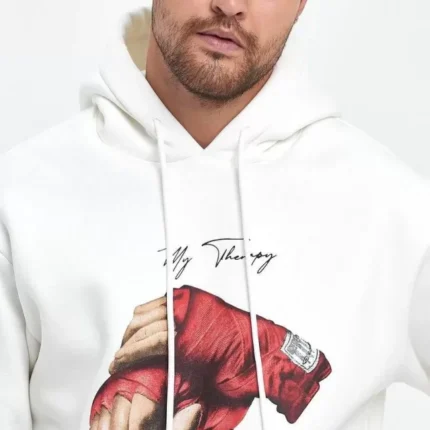 Unisex Kapüşonlu Üç İplik Oversize Baskılı Sweatshirt Beyaz
