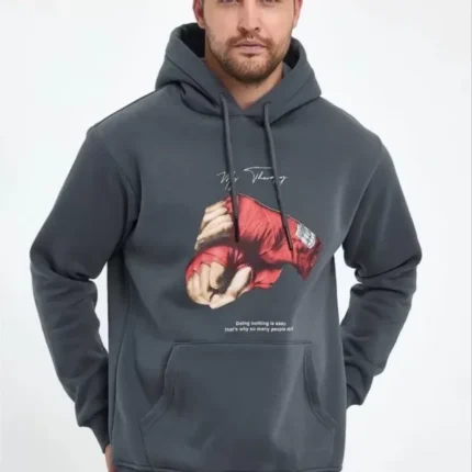 Unisex Kapüşonlu Üç İplik Oversize Baskılı Sweatshirt Gri