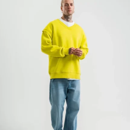 Geniş V Yaka Kol Ribana Detaylı SweatShirt Sarı