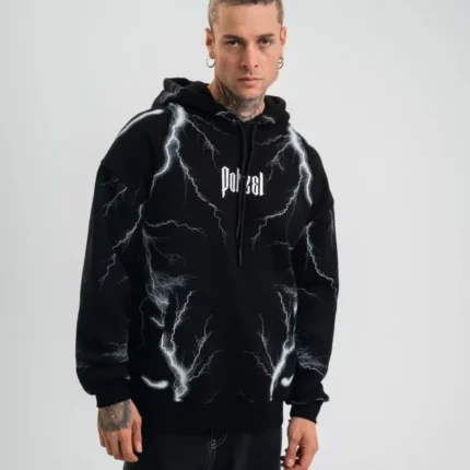 Double Oversize Kapşonlu Şimşek Pano Baskılı SweatShirt Siyah