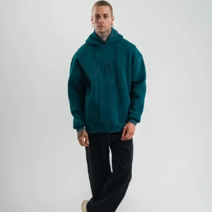 Unisex Uzun Kol Kapşonlu Yıkamalı Nakışlı SweatShirt Koyu Deniz Yeşili