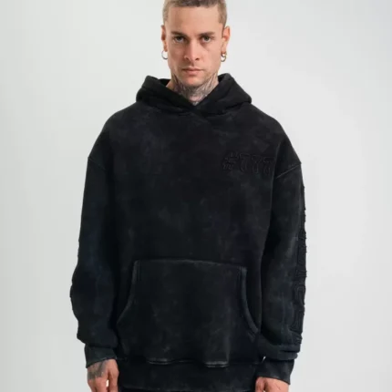Kapşonlu Double Oversize Yıkamalı Evalı Nakışlı SweatShirt Siyah