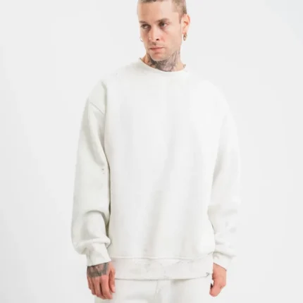 Unisex Uzun Kol Bisiklet Yaka Yıkamalı SweatShirt Beyaz