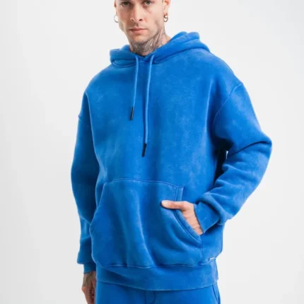 Unisex Double Oversize Kapşonlu Yıkamalı SweatShirt Mavi