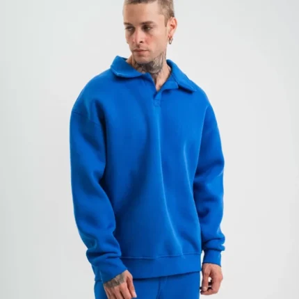 Unisex Double Oversize Patlı Yaka SweatShirt Mavi