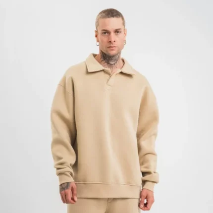 Unisex Double Oversize Patlı Yaka SweatShirt Bej