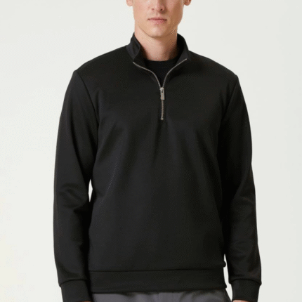 Unisex Uzun Kol Yarım Farmuarlı Yakalı Basic SweatShirt Siyah