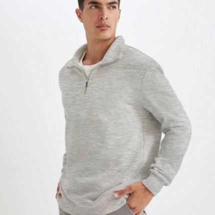 Unisex Uzun Kol Yarım Farmuarlı Yakalı Basic SweatShirt Gri