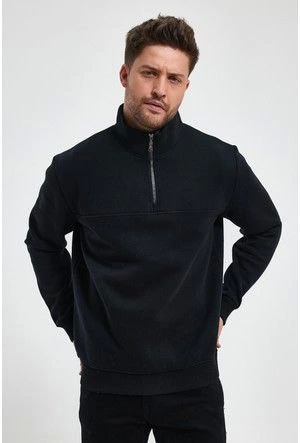 Oversize Yarım Farmuarlı Yakalı Basic SweatShirt Siyah