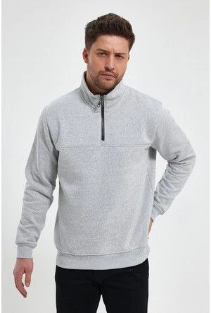 Oversize Yarım Farmuarlı Yakalı Basic SweatShirt Gri