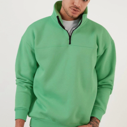Oversize Yarım Farmuarlı Yakalı Basic SweatShirt Yeşil