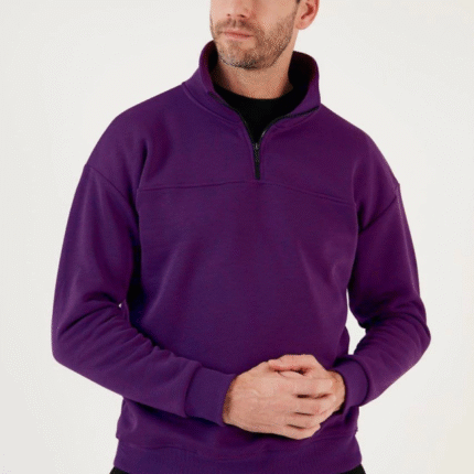 Oversize Yarım Farmuarlı Yakalı Basic SweatShirt Mor