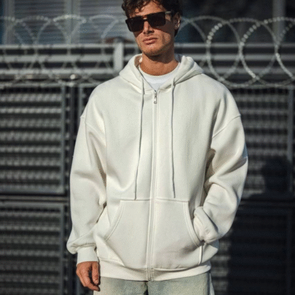 Oversize Tam Fermuarlı Uzun Kol Hırka Beyaz