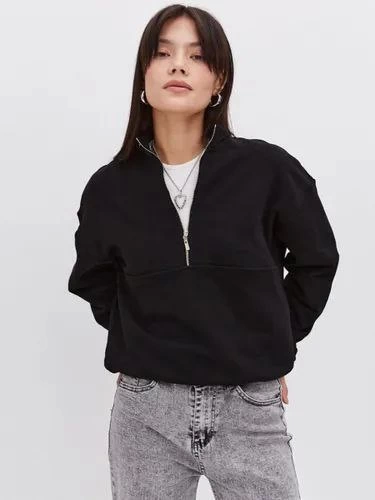 Oversize Yarım Farmuarlı Yakalı Basic SweatShirt Siyah