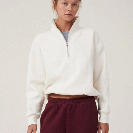 Oversize Yarım Farmuarlı Yakalı Basic SweatShirt Beyaz