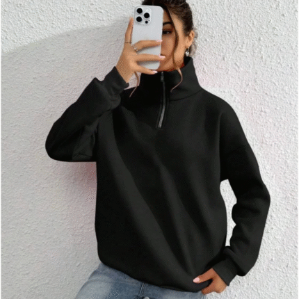 Unisex Uzun Kol Yarım Farmuarlı Yakalı Basic SweatShirt Siyah